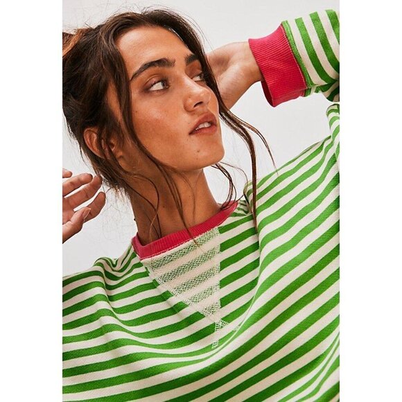 FREE PEOPLE Classic Striped Oversized Crewneck in Pink Clover Combo Size Small - Picture 11 of 11
